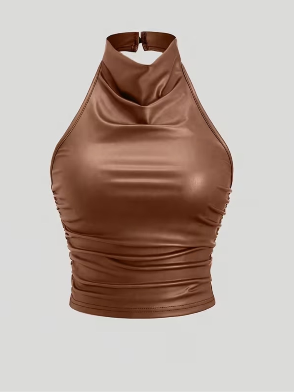 One-Shoulder Faux Leather Halter Top - Dark Brown